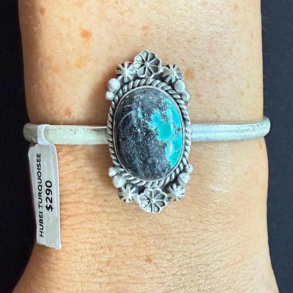 Handmade sterling silver hubei turquoise cuff. Flexible